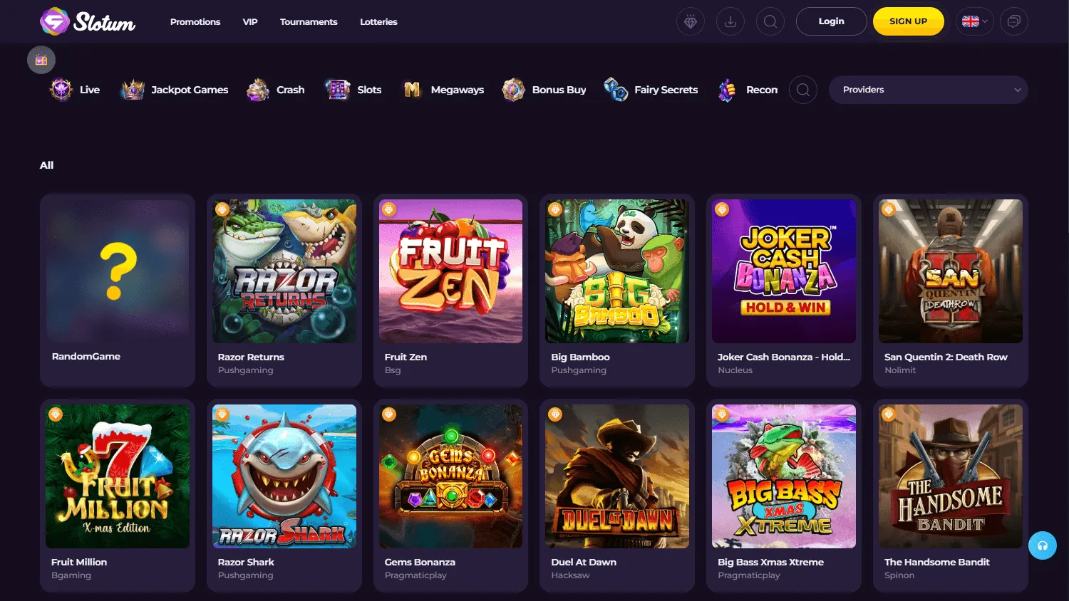 Slotum Casino games displayed on a desktop browser